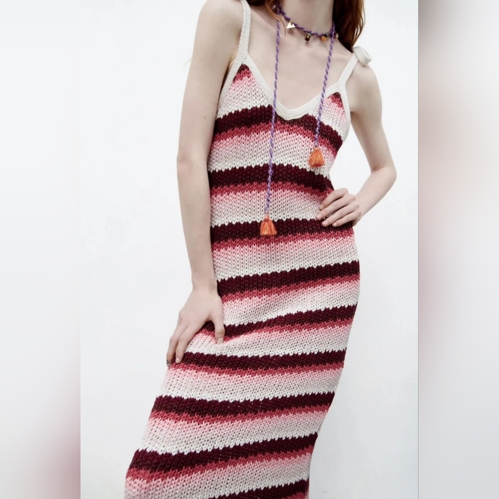 ZARA Striped Knit Maxi Dress with Tie Straps Size Small